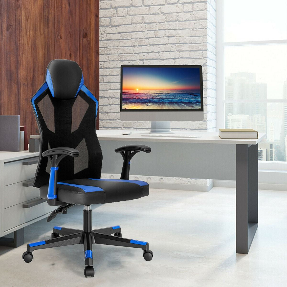 VortexGamingStore Blue Racing Style Gaming Chair with Adjustable Back Height