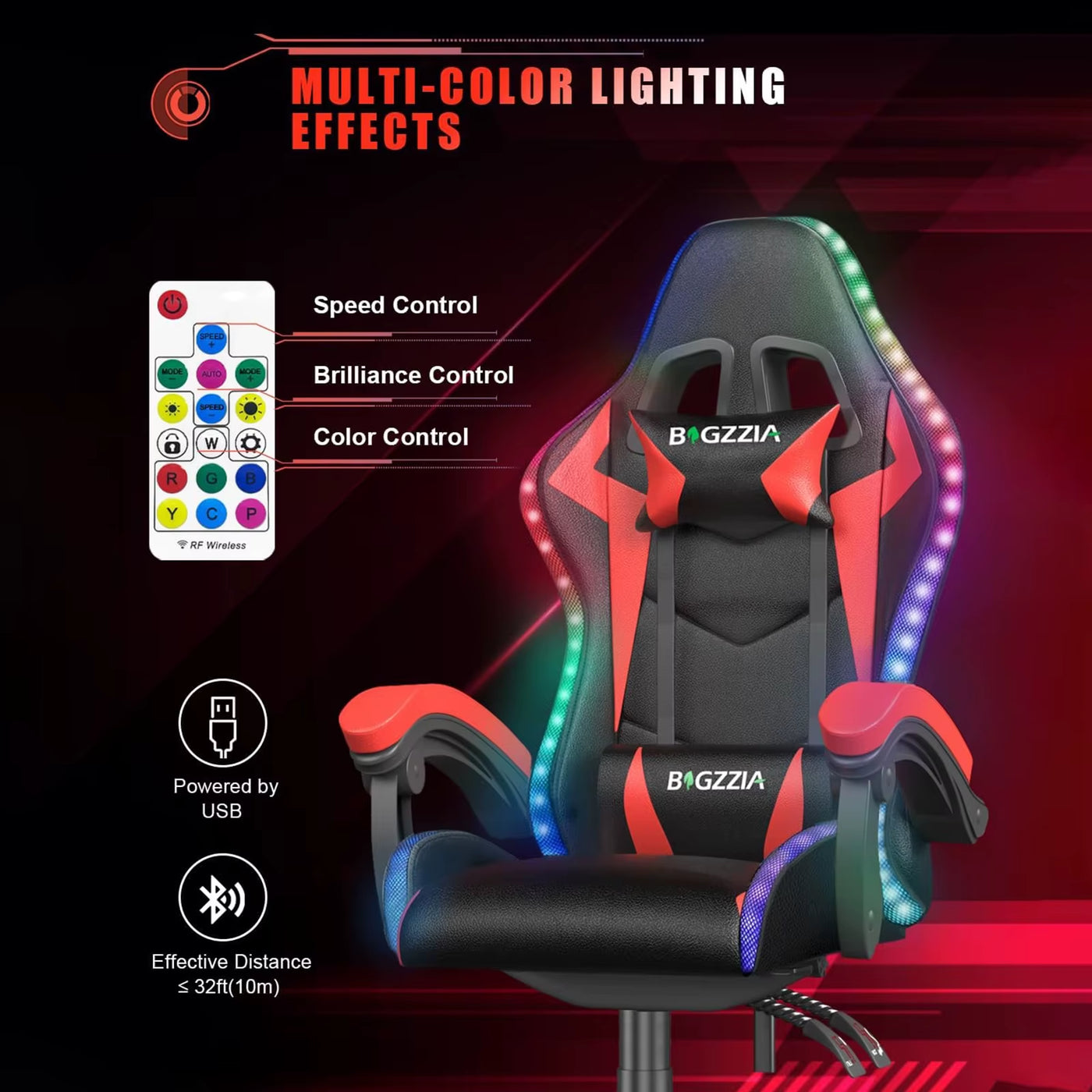 VortexGamingStore Black Gaming Chair with LED Gaming Chair Gamer Chairs RGB Light Lighting Computer Chair Height Adjustable Ergonomic Office Chair