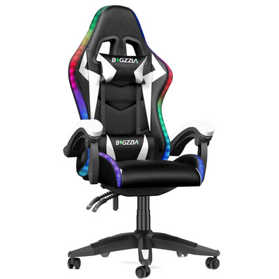 VortexGamingStore Black-White Gaming Chair with LED Gaming Chair Gamer Chairs RGB Light Lighting Computer Chair Height Adjustable Ergonomic Office Chair